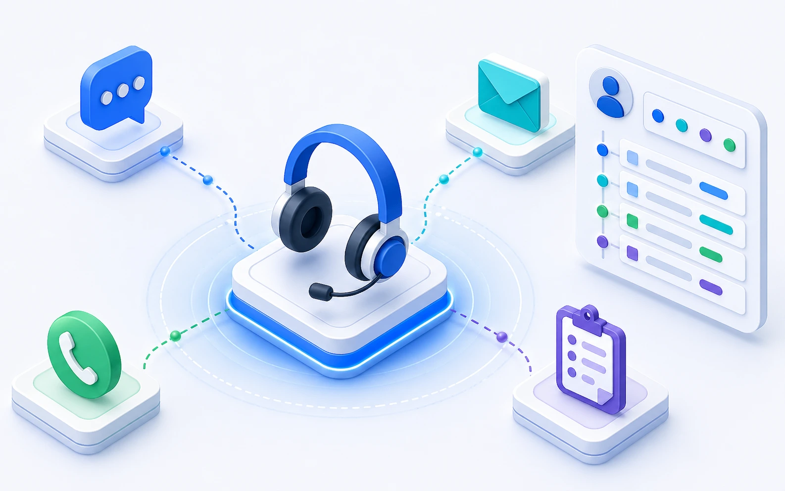 Unified customer support hub, chat, email, phone, and ticket channels connected to one system