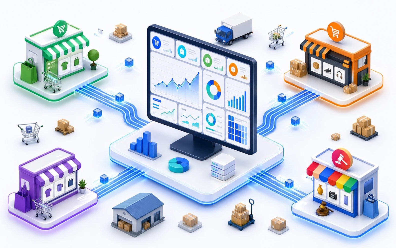 eCommerce operations management dashboard connecting Shopify, Amazon, and WooCommerce to Zoho