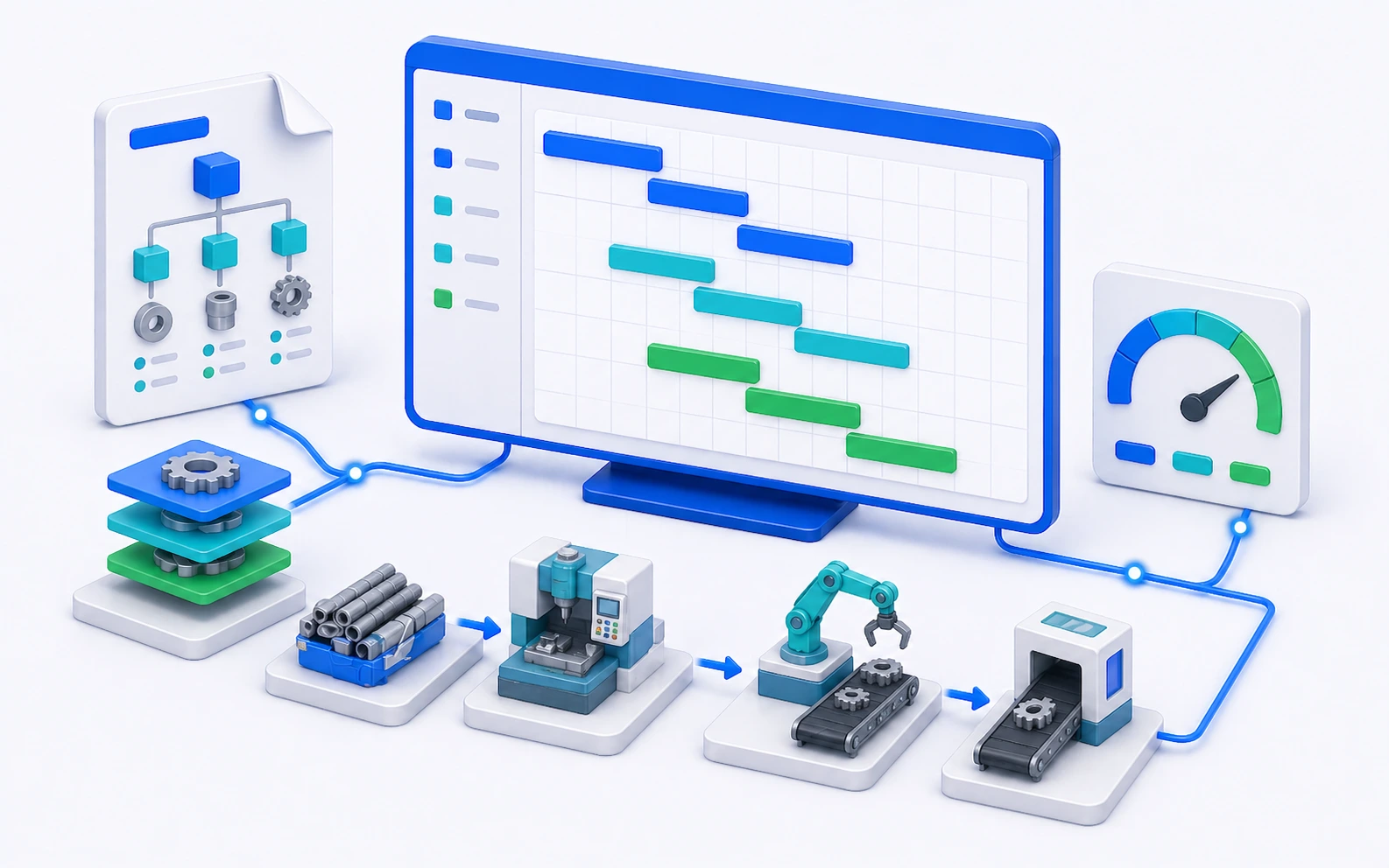 Manufacturing production planning and scheduling dashboard with Gantt timeline