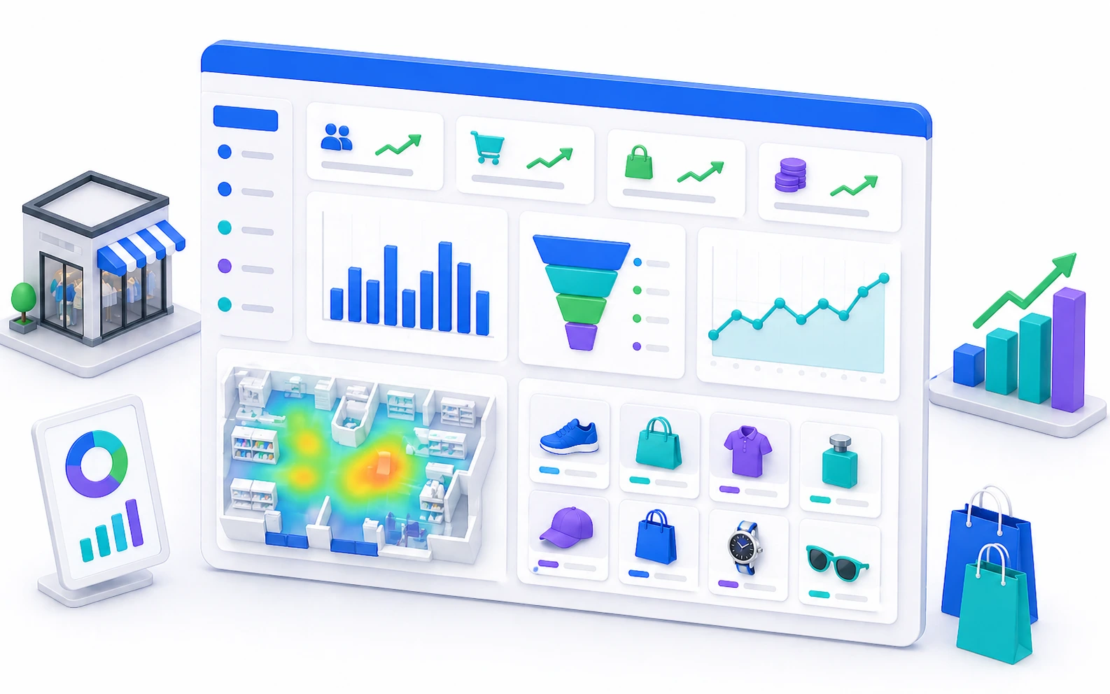Retail analytics dashboard with sales trends, foot traffic, and basket analysis
