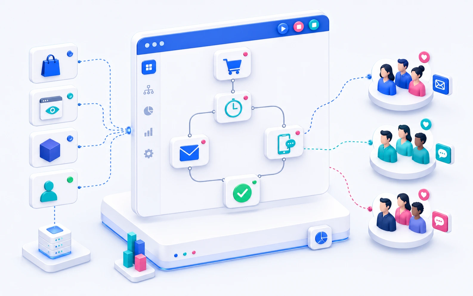 Marketing automation flow connecting email, customer journey, purchase, and loyalty