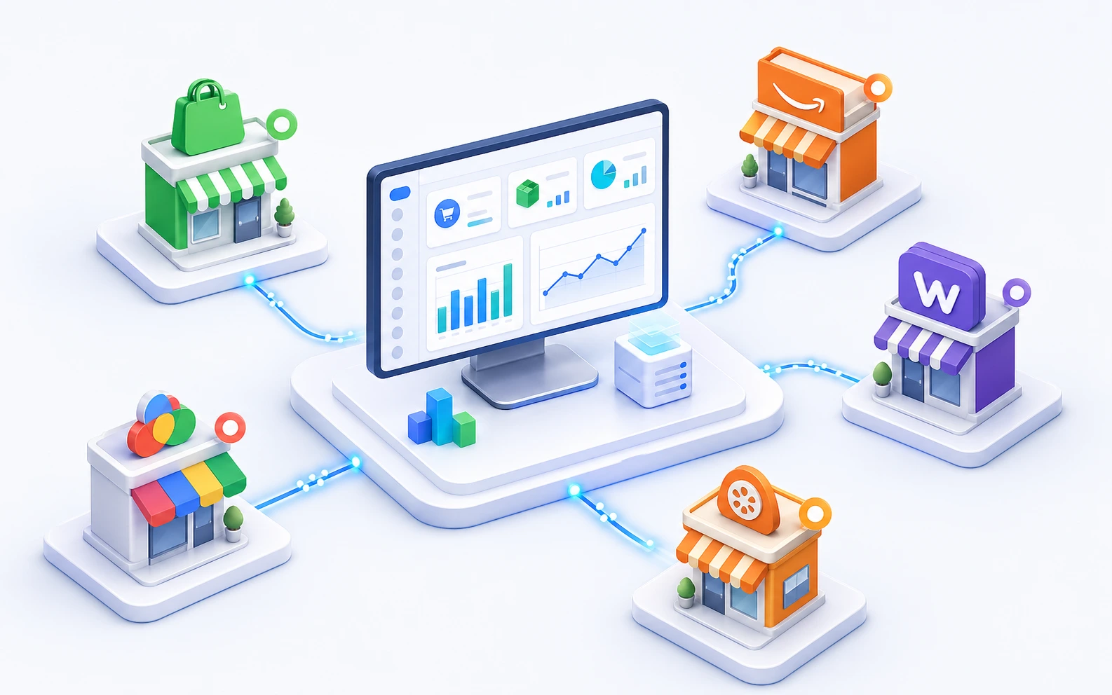 Multi-channel commerce hub connecting Shopify, Amazon, eBay, WooCommerce, and Etsy into one unified backend